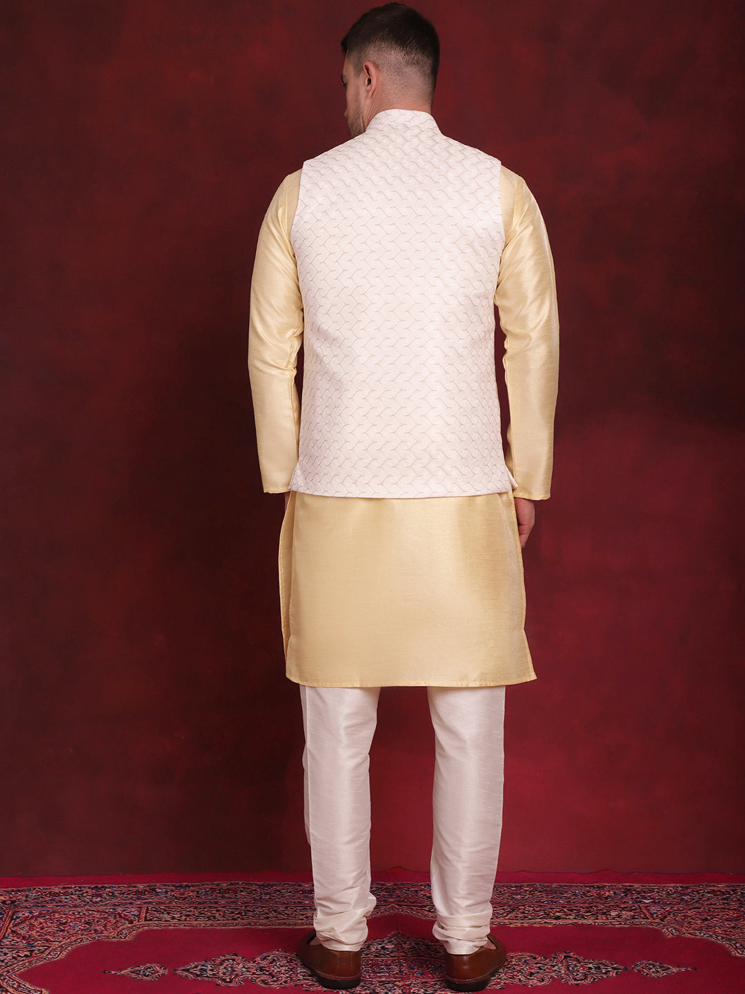 Jompers Men's White Woven Design Nehru Jacket With Kurta Pyjama Set