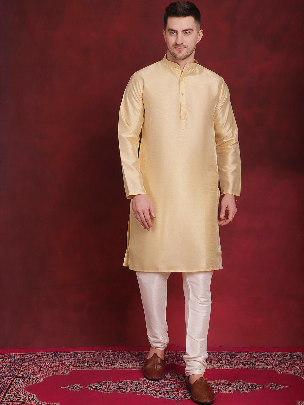 Jompers Men's White Woven Design Nehru Jacket With Kurta Pyjama Set