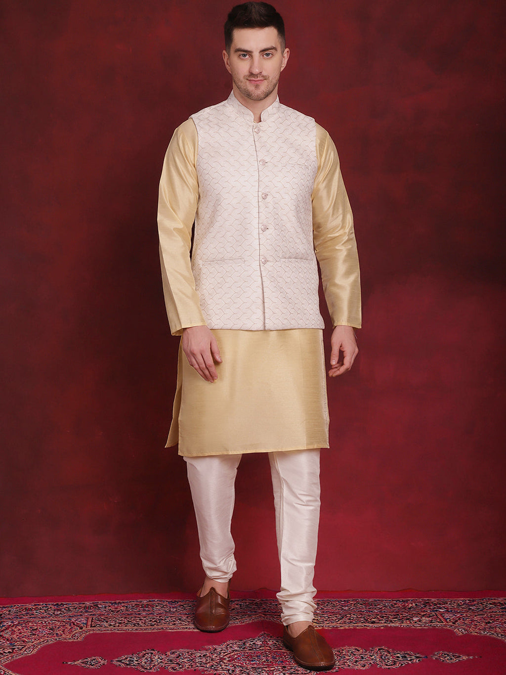 Jompers Men's White Woven Design Nehru Jacket With Kurta Pyjama Set