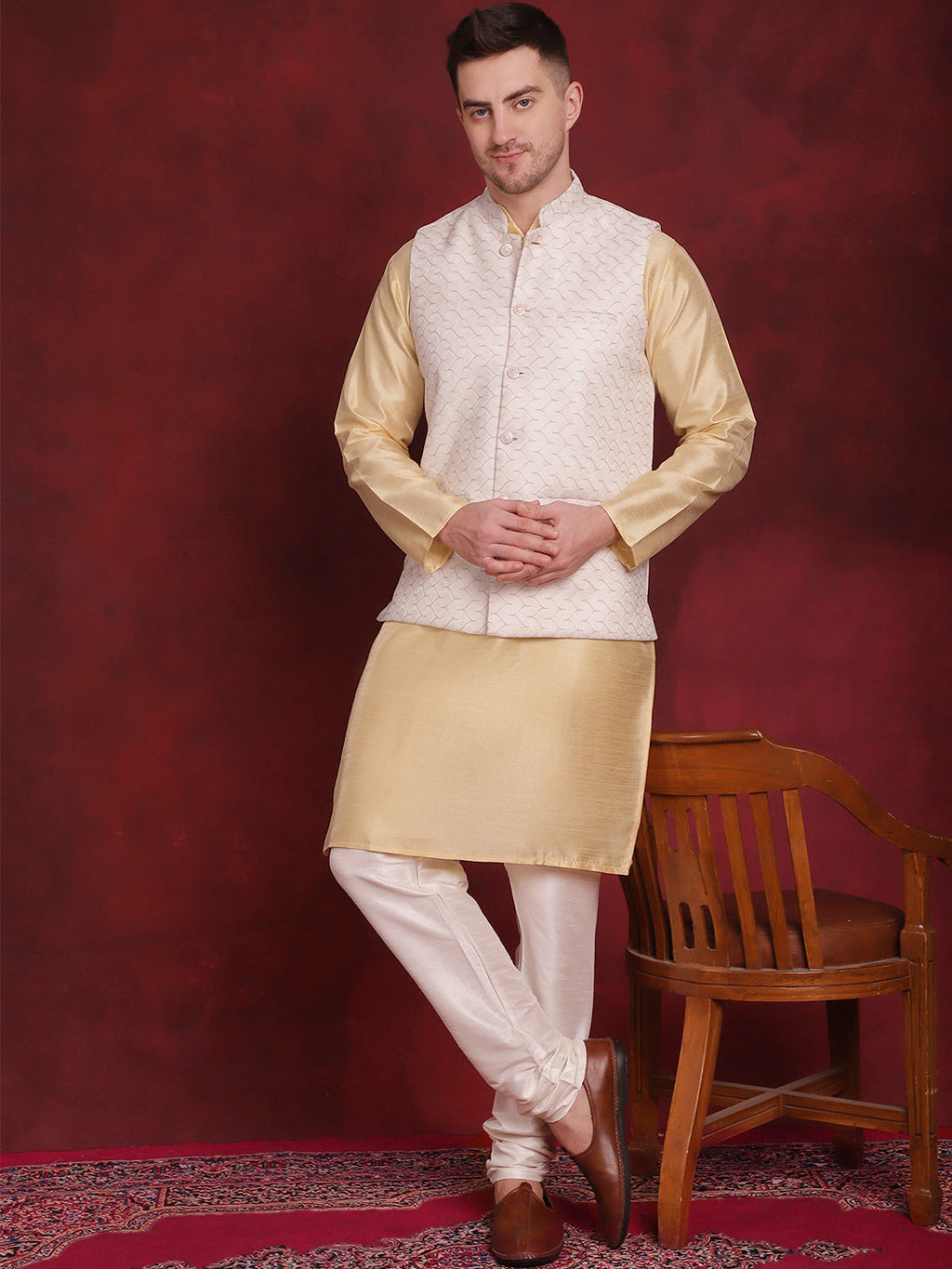 Jompers Men's White Woven Design Nehru Jacket With Kurta Pyjama Set