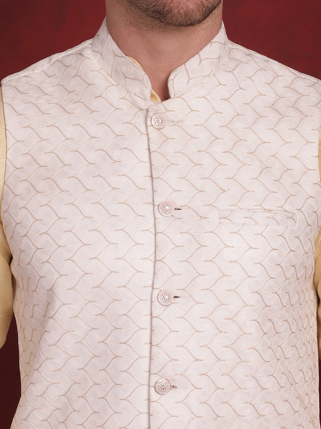 Jompers Men's White Woven Design Nehru Jacket With Kurta Pyjama Set