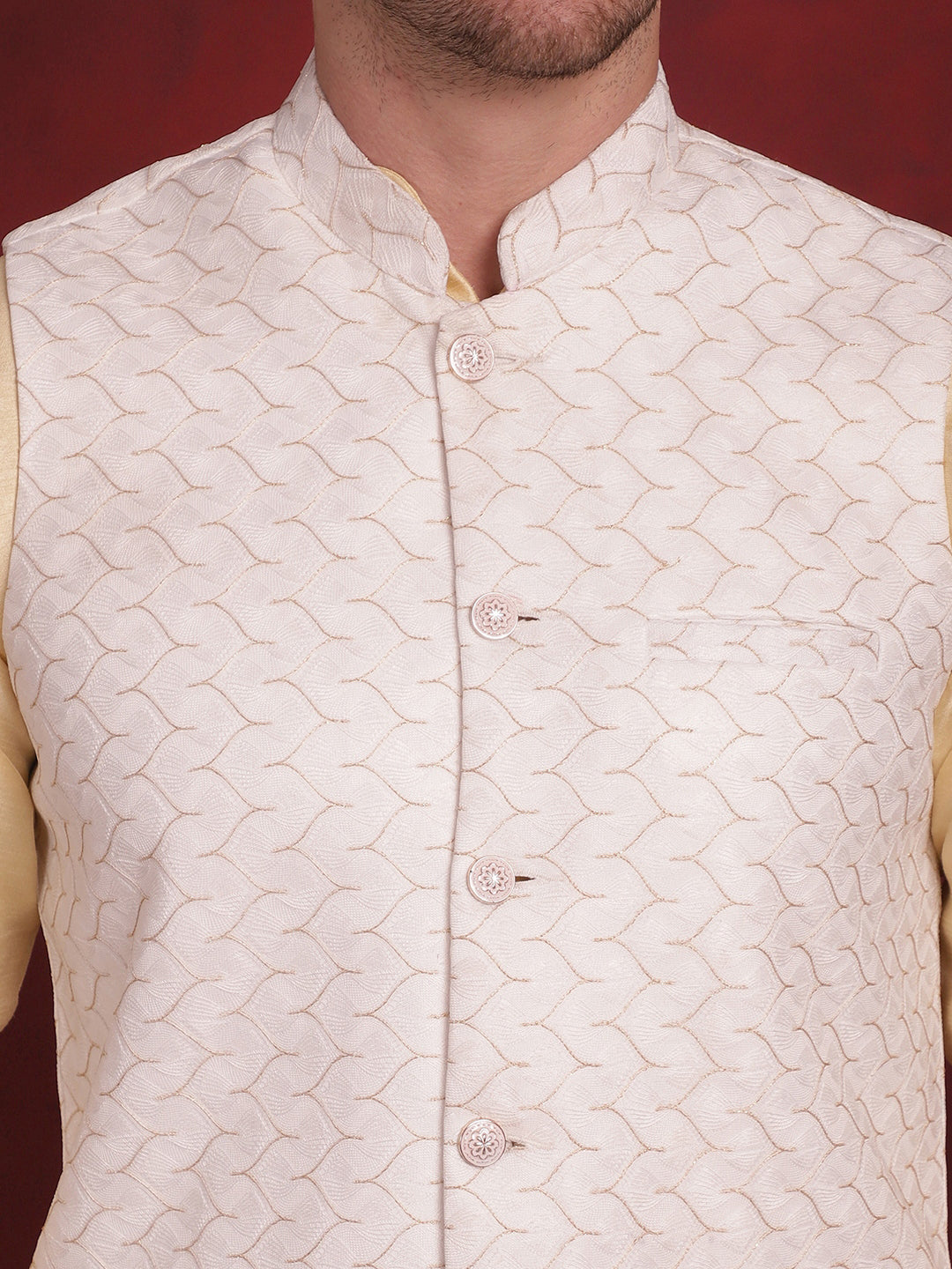 Jompers Men's White Woven Design Nehru Jacket With Kurta Pyjama Set