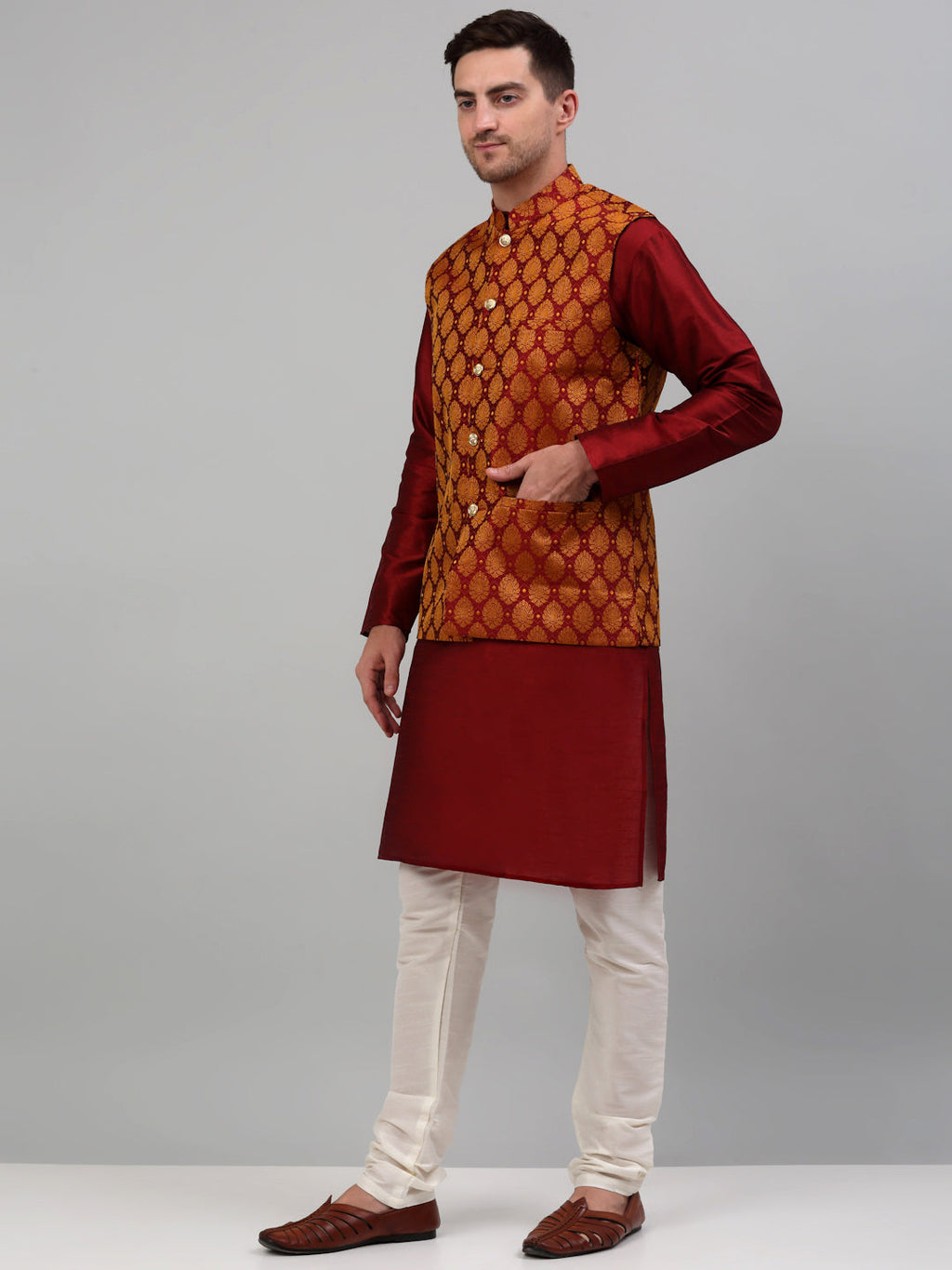 Jompers Men's Woven Design Nehru Jacket and Kurta Pyjama Set - Maroon