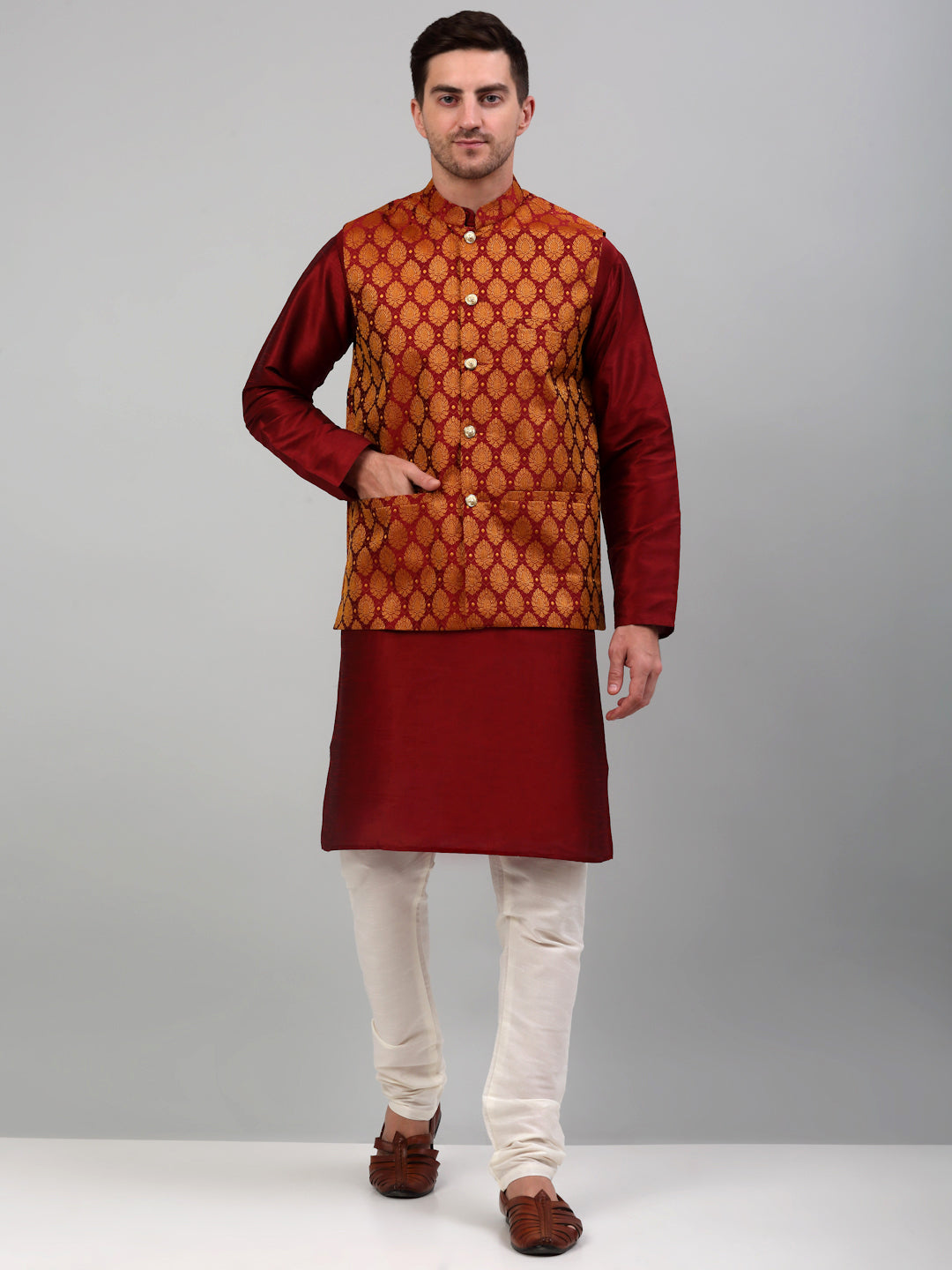 Jompers Men's Woven Design Nehru Jacket and Kurta Pyjama Set - Maroon