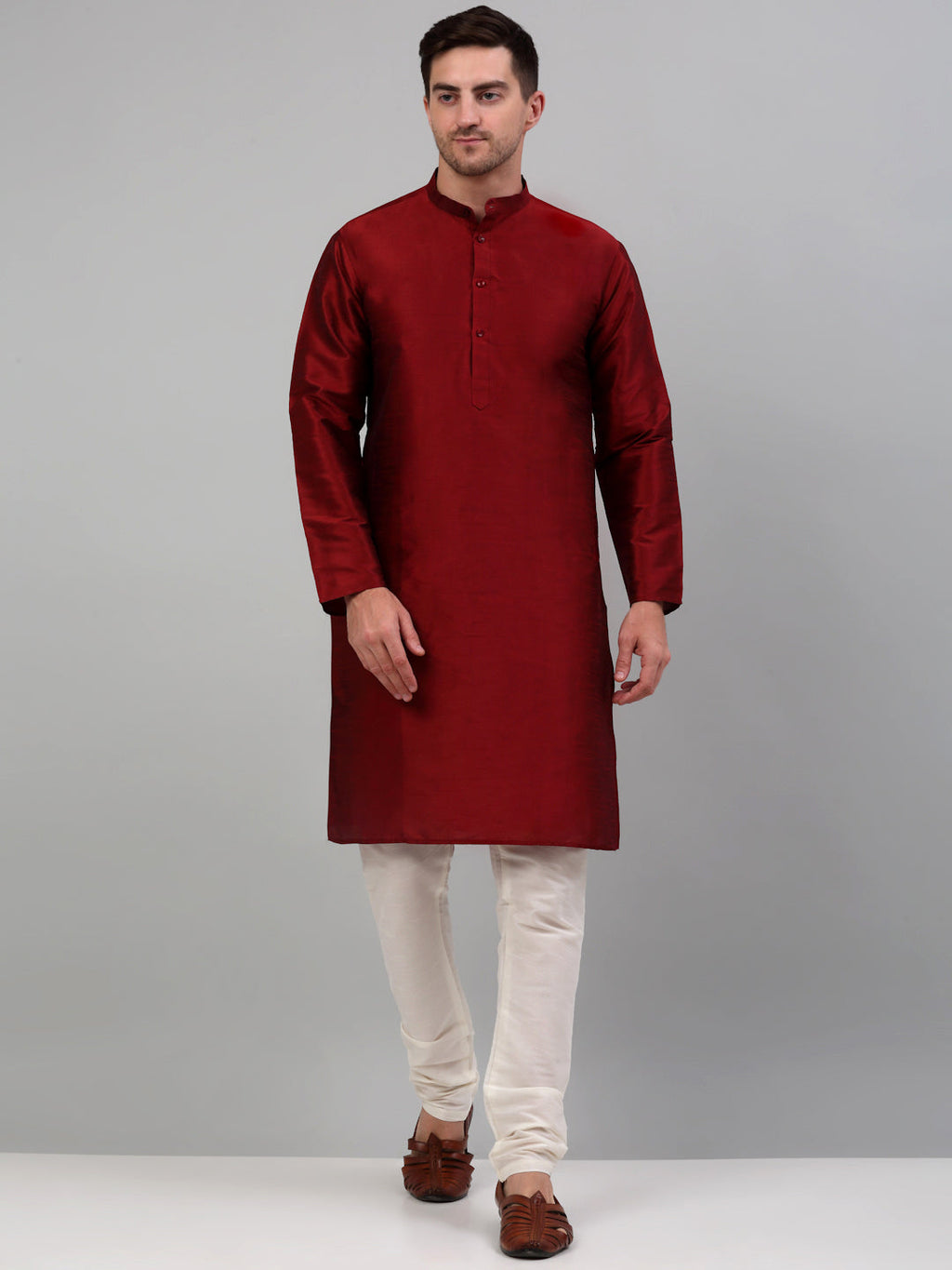 Jompers Men's Woven Design Nehru Jacket and Kurta Pyjama Set - Maroon