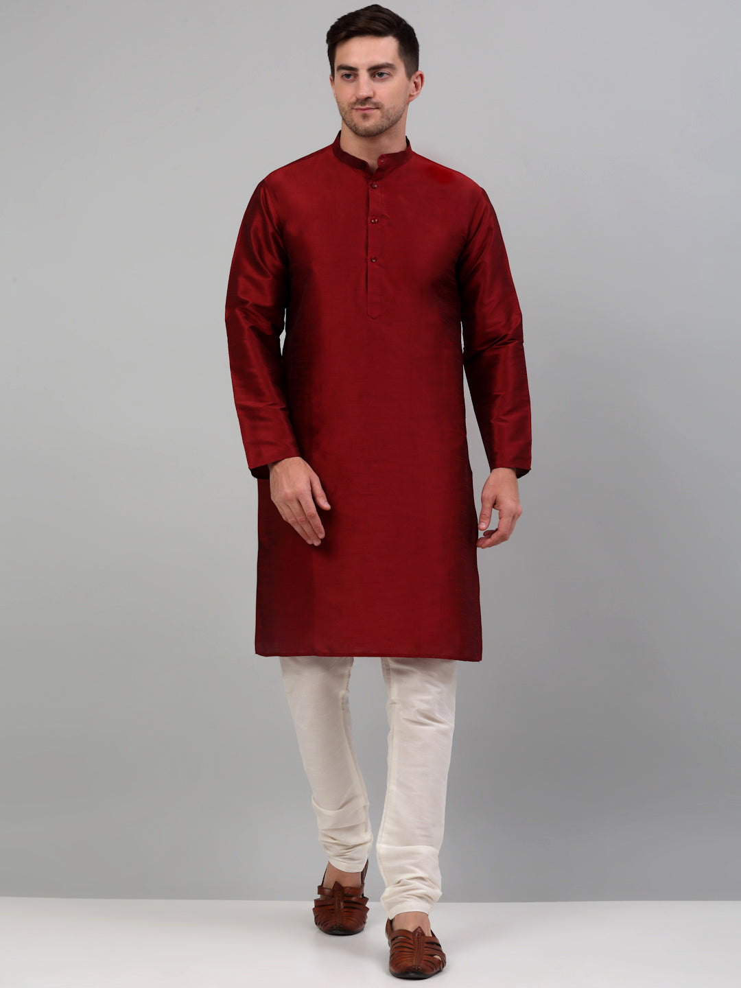Jompers Men's Woven Design Nehru Jacket and Kurta Pyjama Set - Maroon