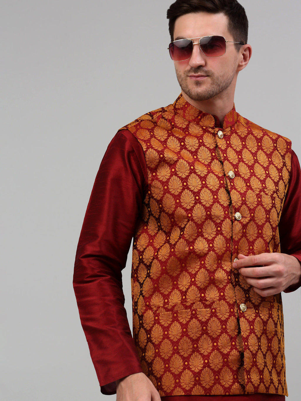 Jompers Men's Woven Design Nehru Jacket and Kurta Pyjama Set - Maroon