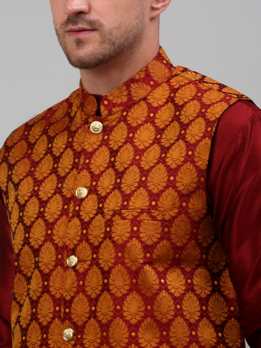 Jompers Men's Woven Design Nehru Jacket and Kurta Pyjama Set - Maroon