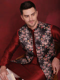 Jompers Men's Black Floral Printed Nehru Jacket With Kurta Pyjama Set