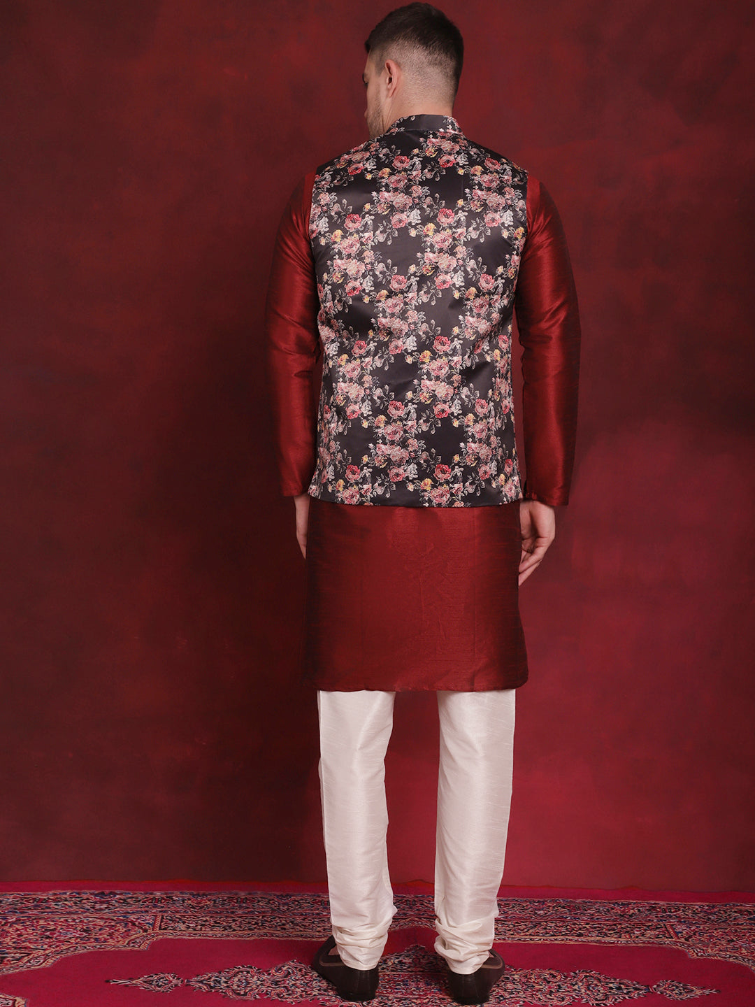 Jompers Men's Black Floral Printed Nehru Jacket With Kurta Pyjama Set
