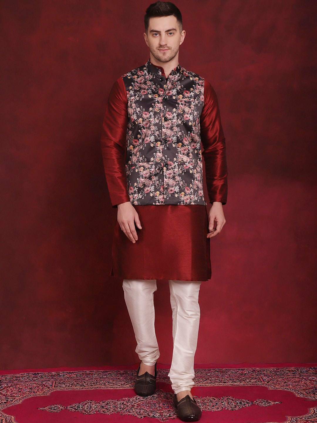 Jompers Men's Black Floral Printed Nehru Jacket With Kurta Pyjama Set