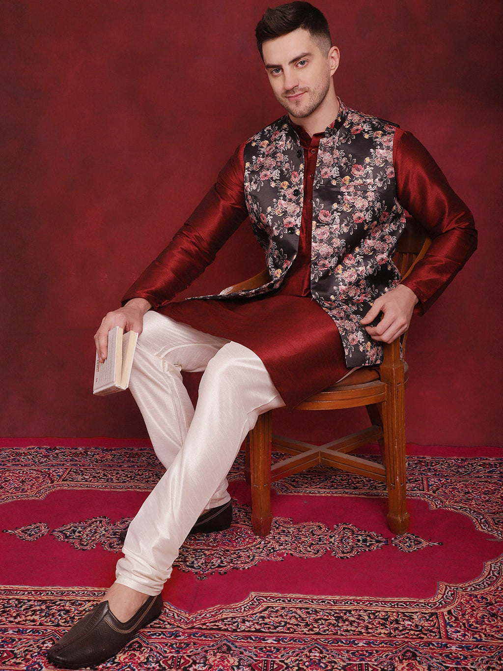 Jompers Men's Black Floral Printed Nehru Jacket With Kurta Pyjama Set
