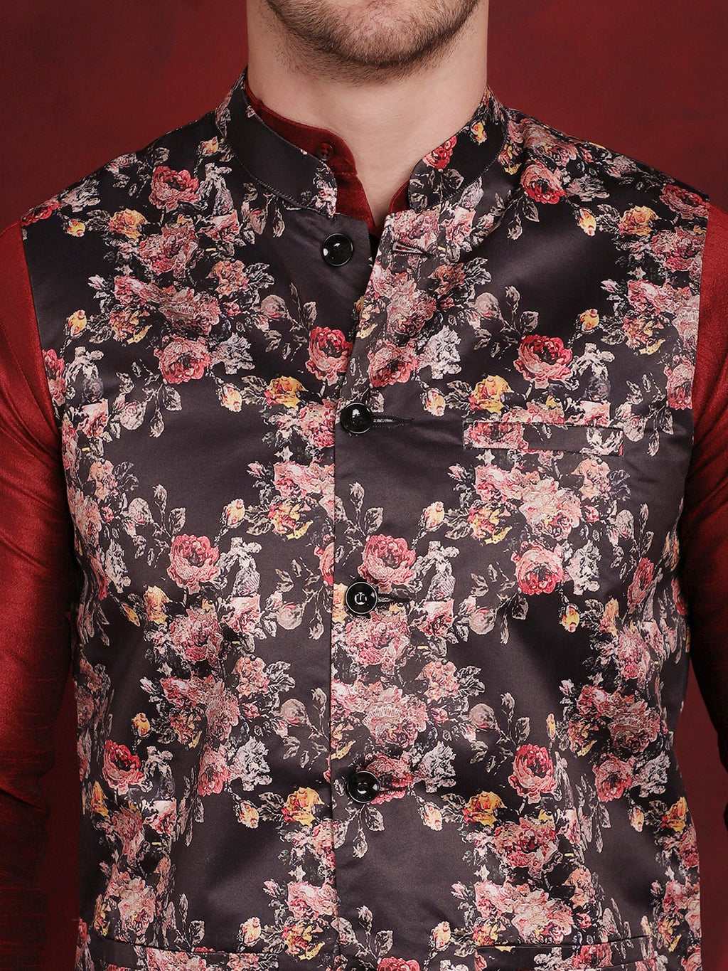 Jompers Men's Black Floral Printed Nehru Jacket With Kurta Pyjama Set