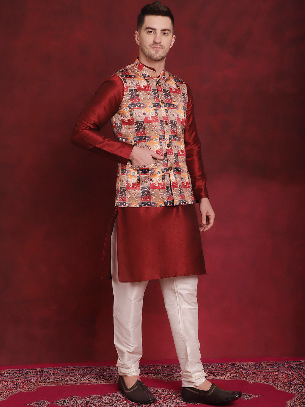Jompers Men's Multi Printed Nehru Jacket With Kurta Pyjama Set