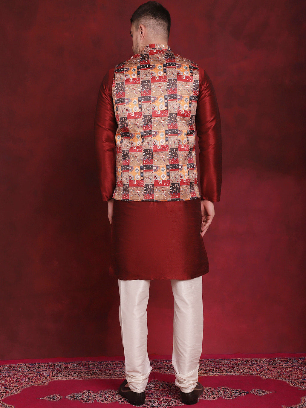 Jompers Men's Multi Printed Nehru Jacket With Kurta Pyjama Set