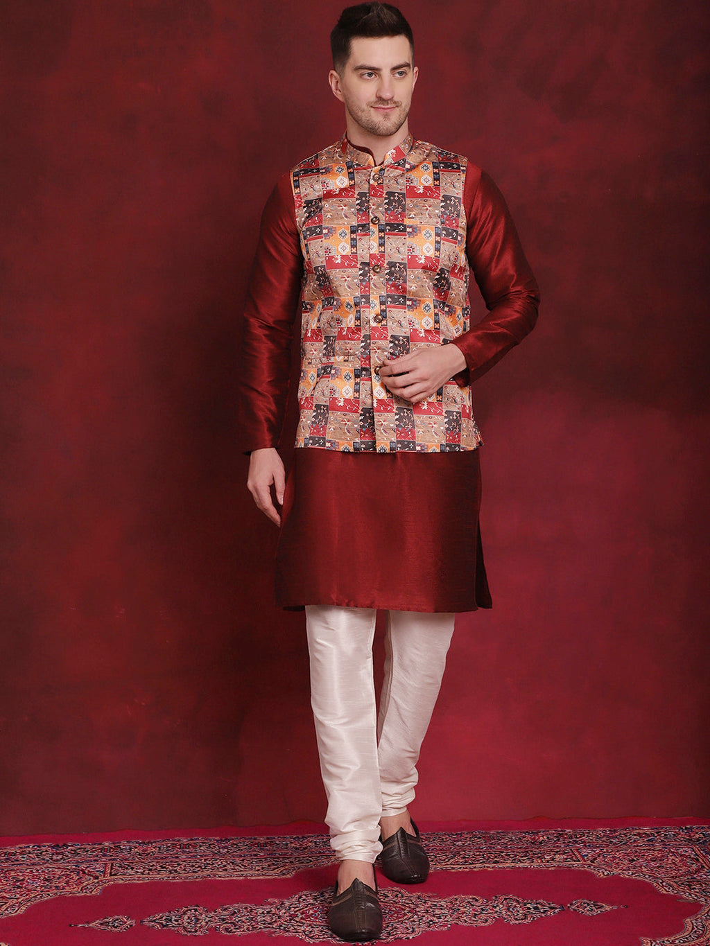 Jompers Men's Multi Printed Nehru Jacket With Kurta Pyjama Set