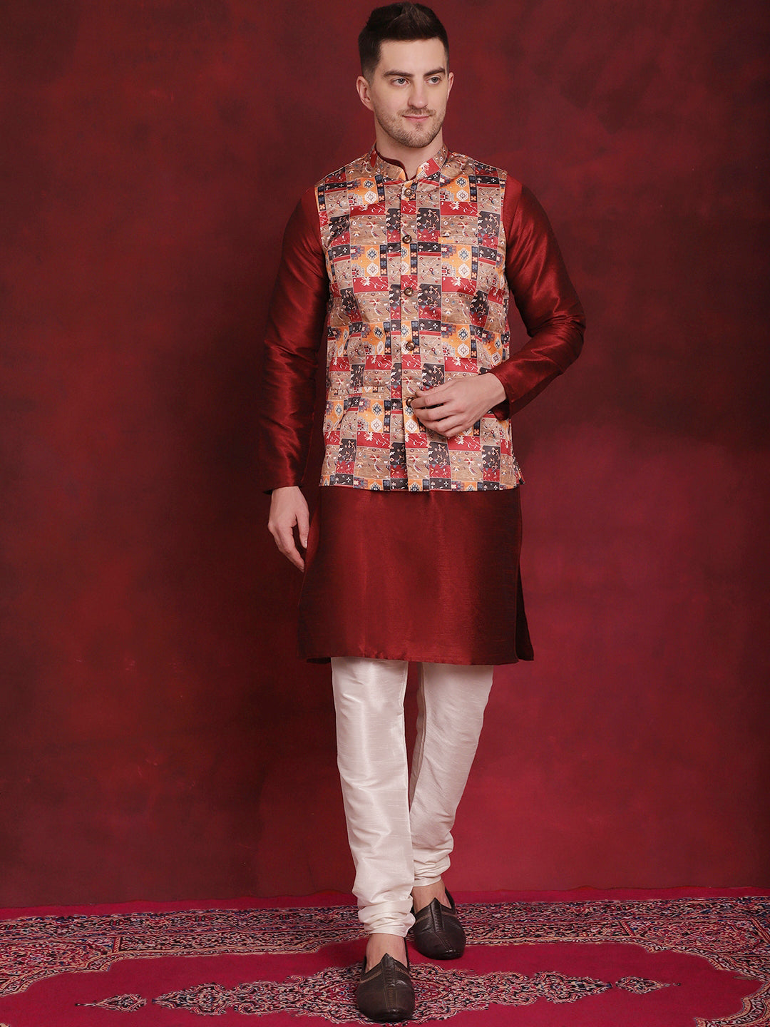 Jompers Men's Multi Printed Nehru Jacket With Kurta Pyjama Set