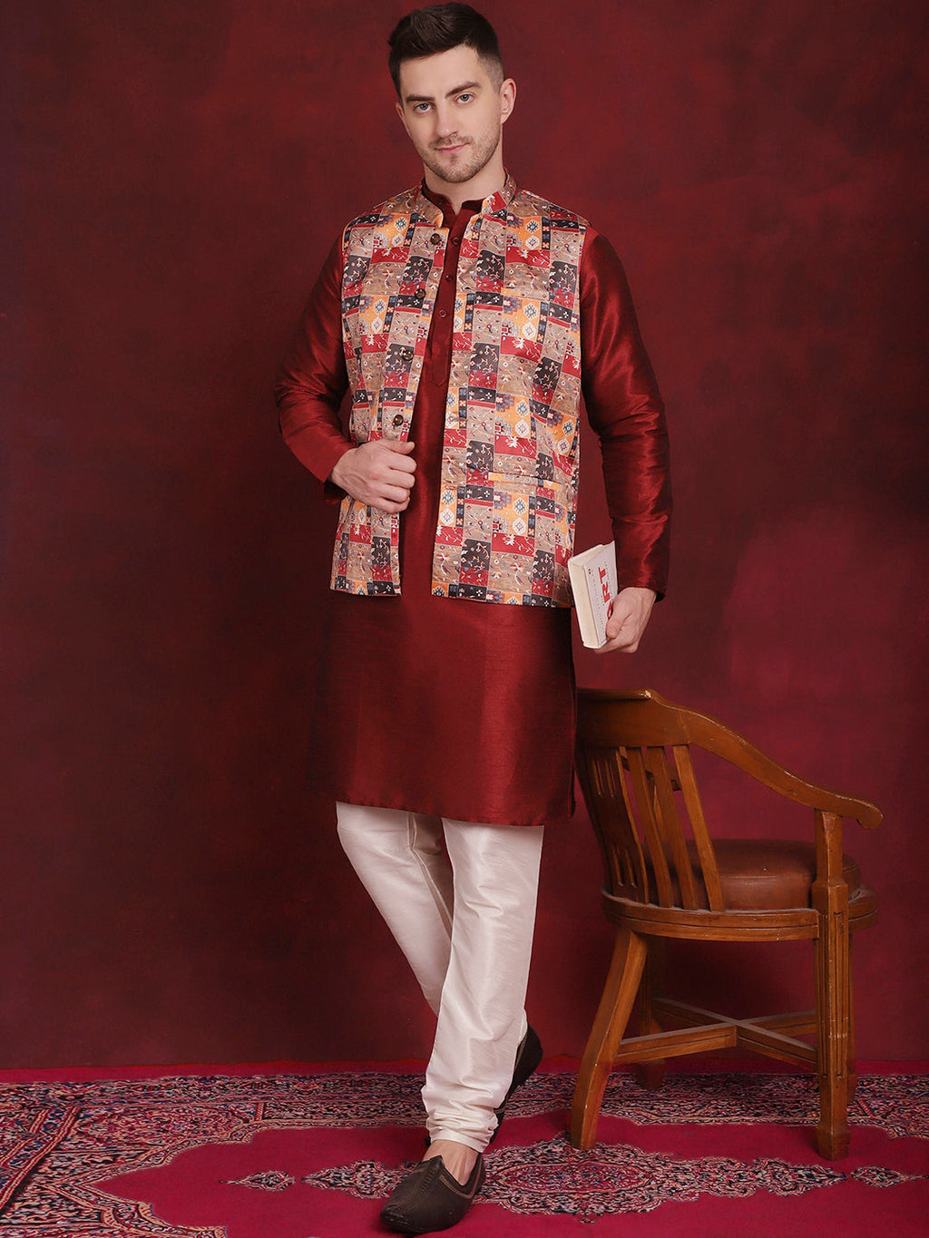 Jompers Men's Multi Printed Nehru Jacket With Kurta Pyjama Set
