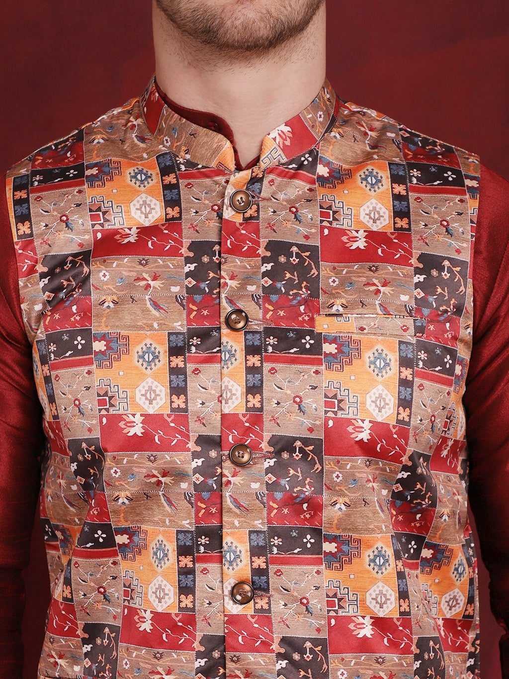 Jompers Men's Multi Printed Nehru Jacket With Kurta Pyjama Set