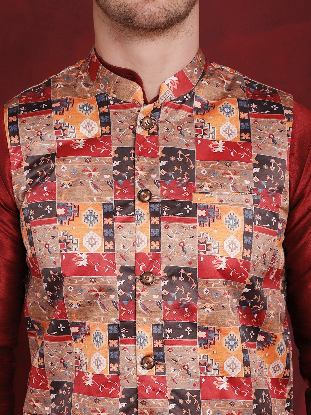 Jompers Men's Multi Printed Nehru Jacket With Kurta Pyjama Set