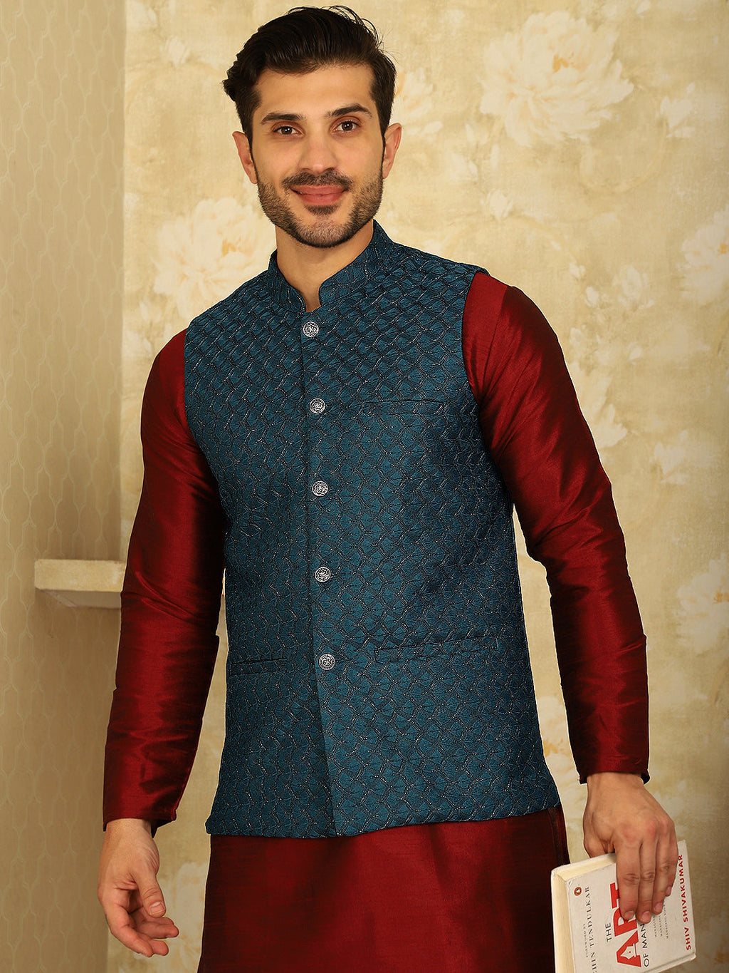 Jompers Men's Blue Woven Design Nehru Jacket With Kurta Pyjama Set
