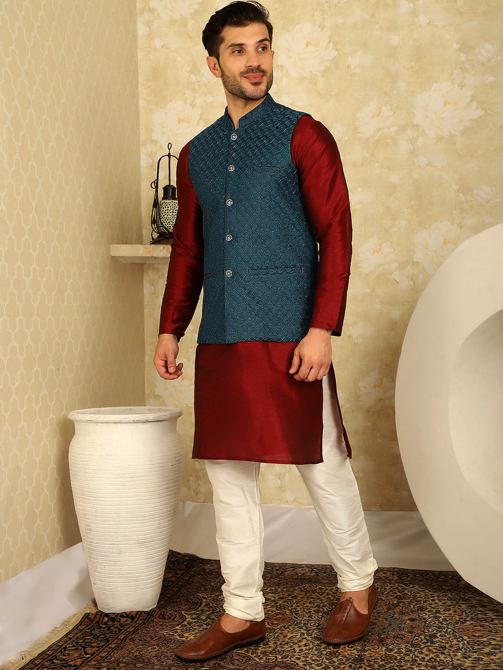 Jompers Men's Blue Woven Design Nehru Jacket With Kurta Pyjama Set