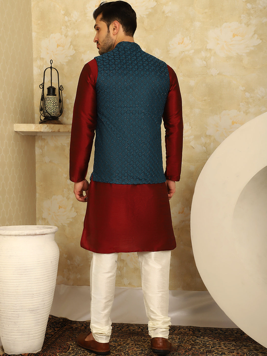 Jompers Men's Blue Woven Design Nehru Jacket With Kurta Pyjama Set