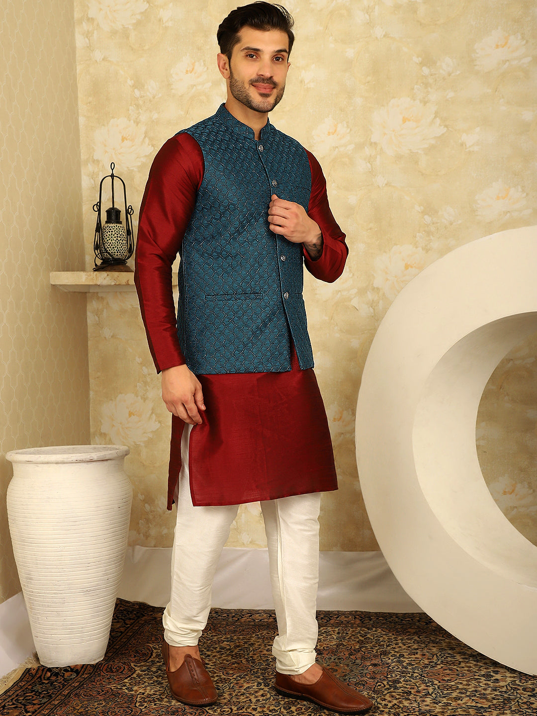 Jompers Men's Blue Woven Design Nehru Jacket With Kurta Pyjama Set