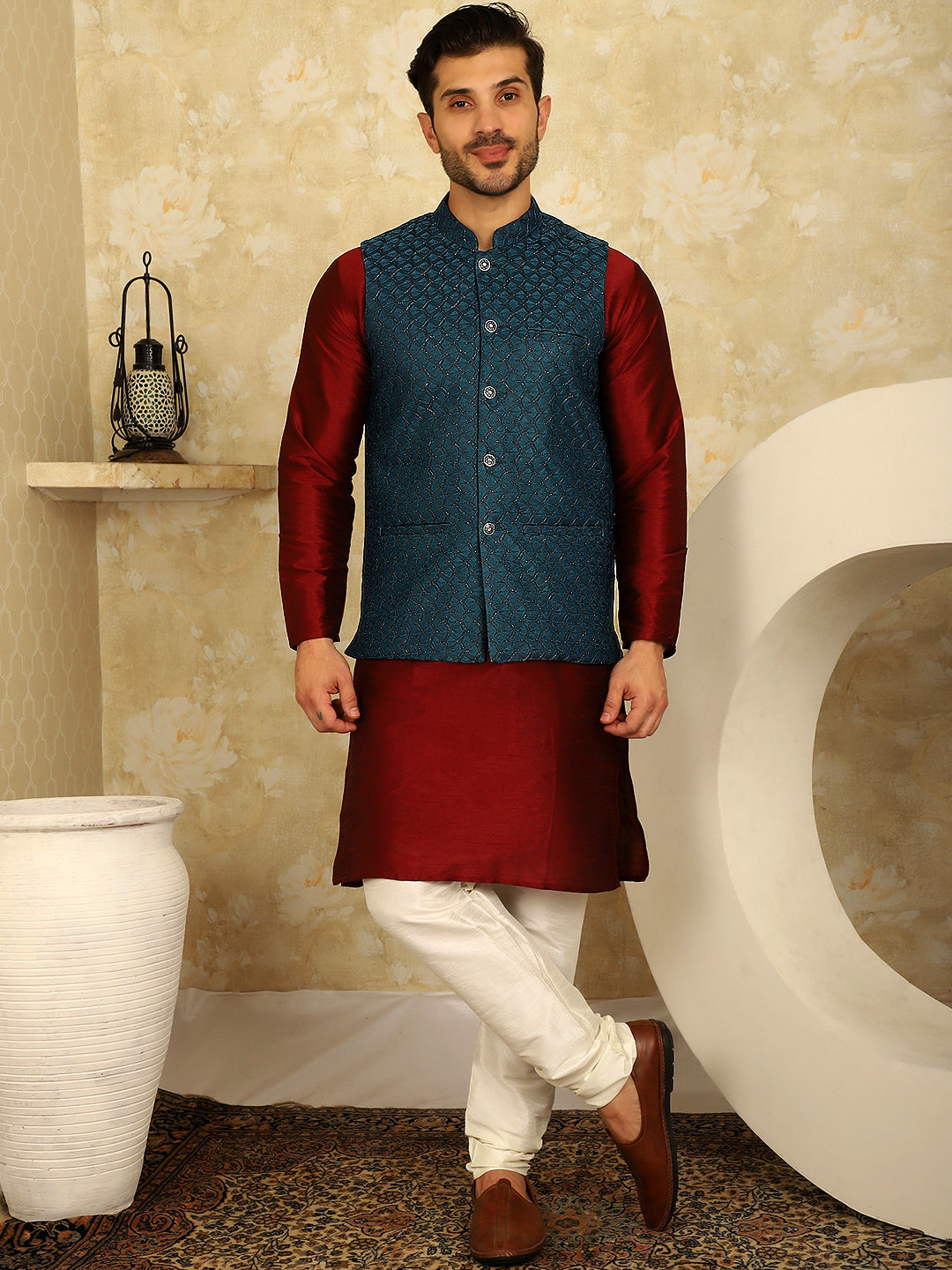 Jompers Men's Blue Woven Design Nehru Jacket With Kurta Pyjama Set