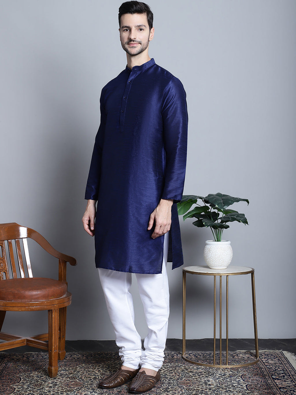 Jompers Men's Printed Nehru Jacket With Kurta Pyjama Set - Blue