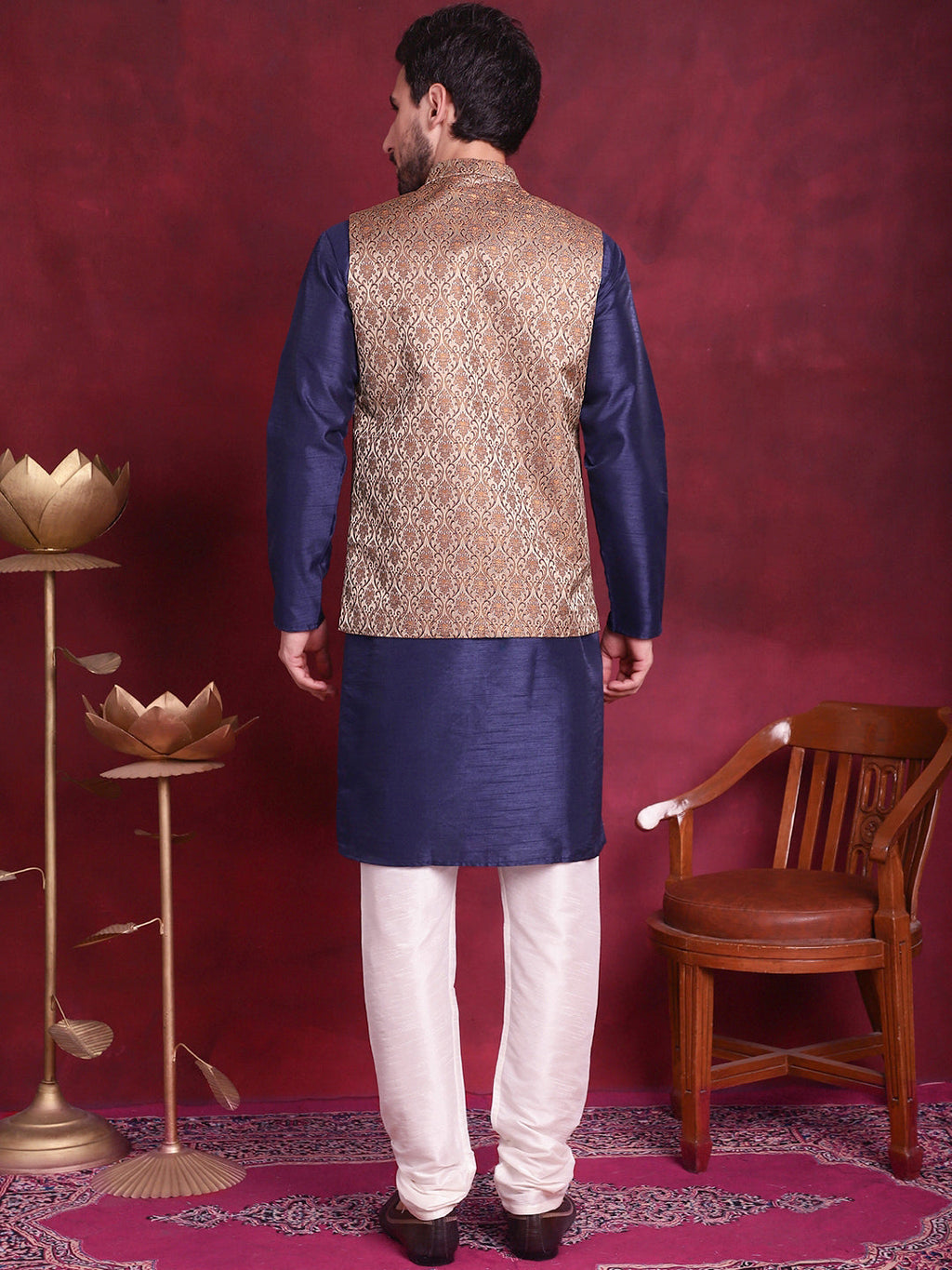 Jompers Men's Woven Design Nehru Jacket With Kurta Pyjama Set - Brown