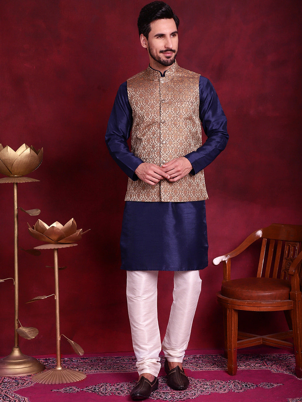 Jompers Men's Woven Design Nehru Jacket With Kurta Pyjama Set - Brown