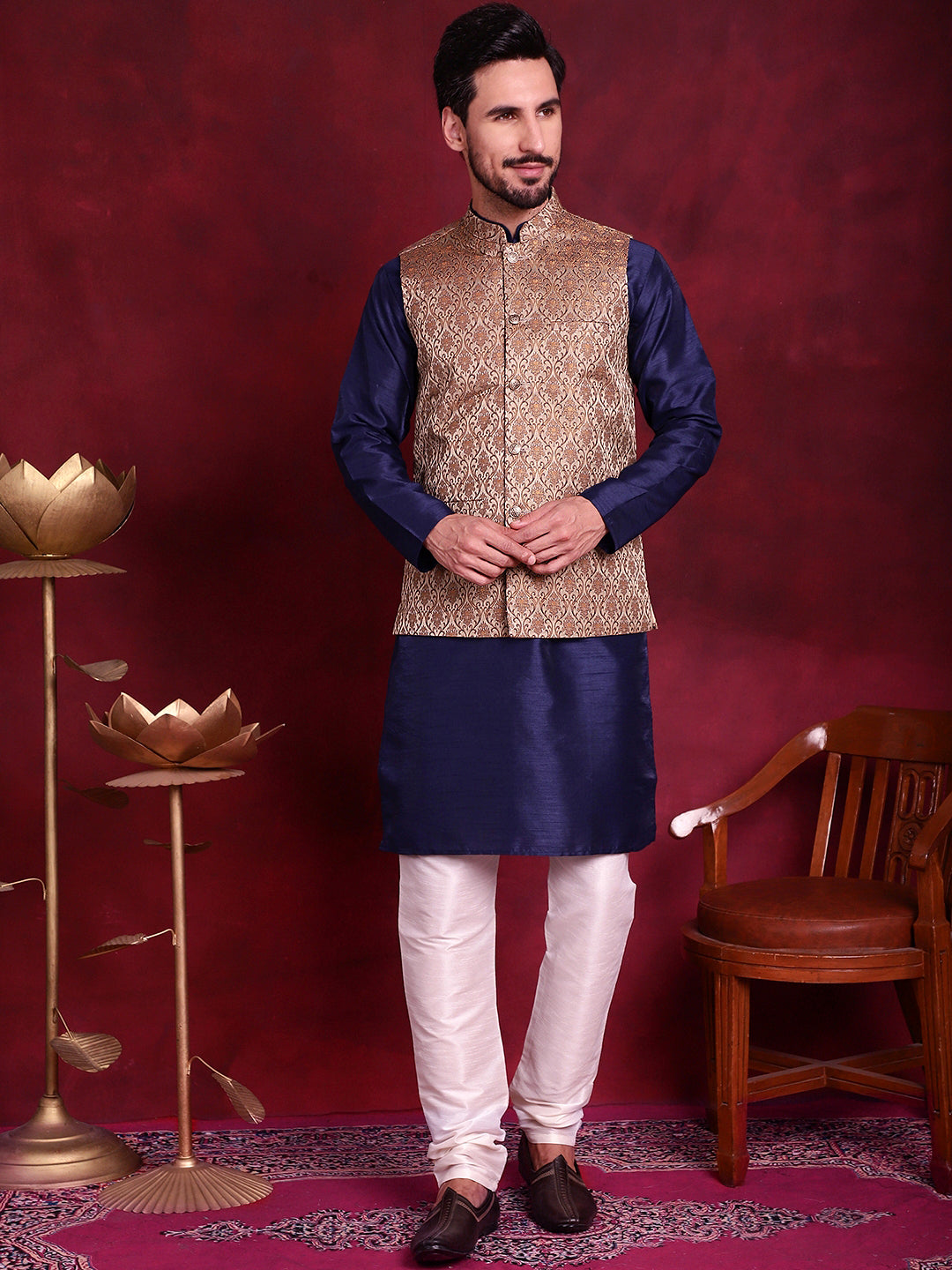 Jompers Men's Woven Design Nehru Jacket With Kurta Pyjama Set - Brown