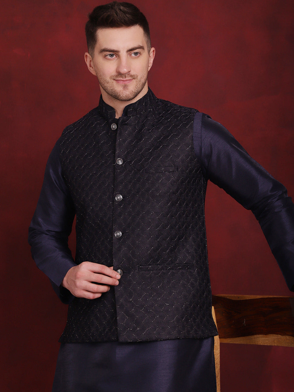 Jompers Men's Navy Blue Woven Design Nehru Jacket With Kurta Pyjama Set