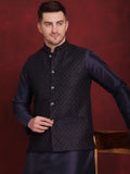 Jompers Men's Navy Blue Woven Design Nehru Jacket With Kurta Pyjama Set