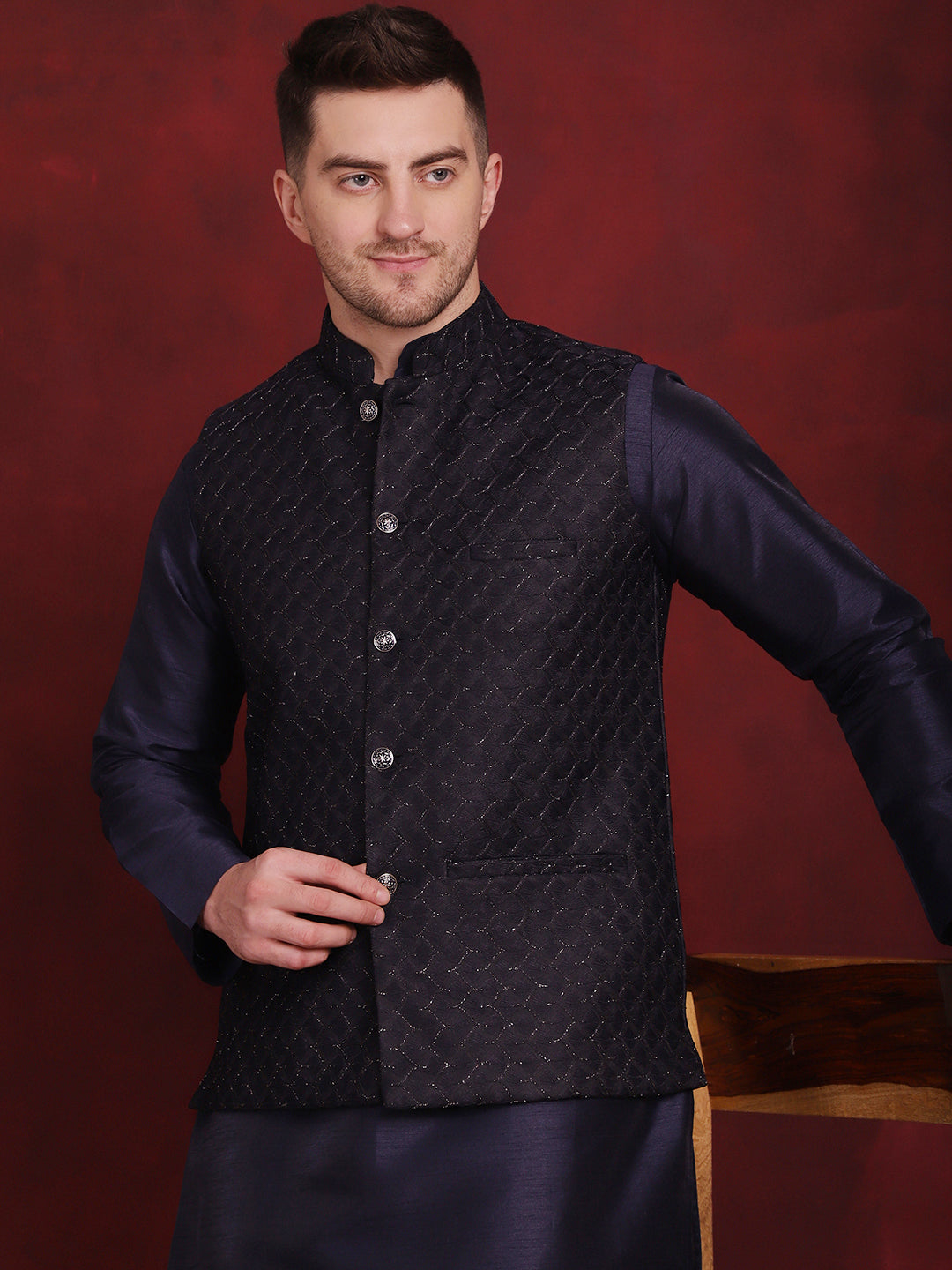 Jompers Men's Navy Blue Woven Design Nehru Jacket With Kurta Pyjama Set