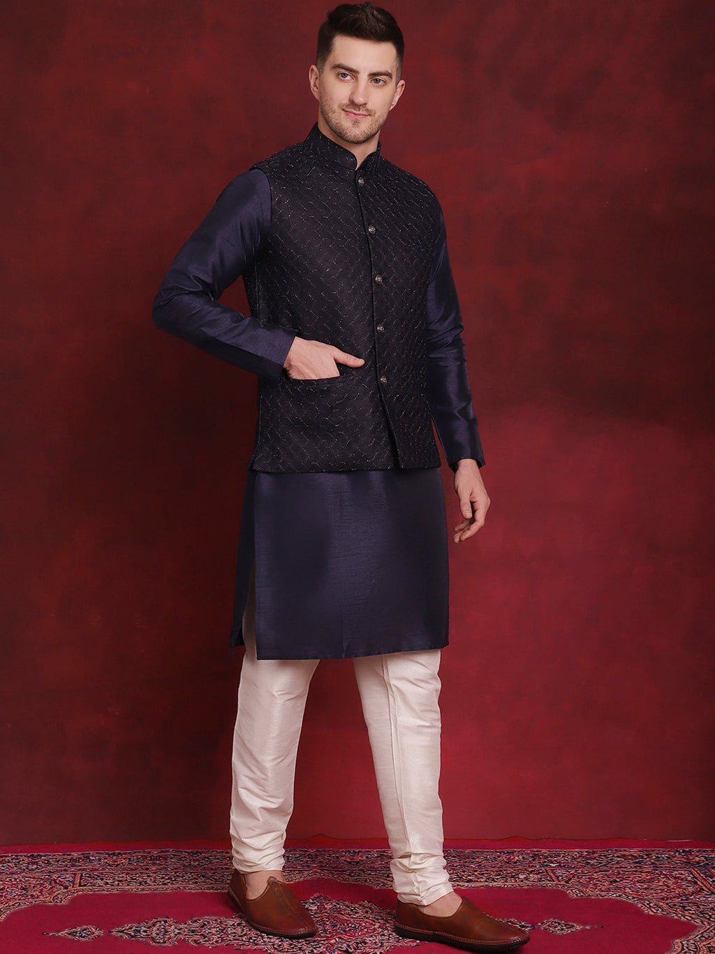 Jompers Men's Navy Blue Woven Design Nehru Jacket With Kurta Pyjama Set