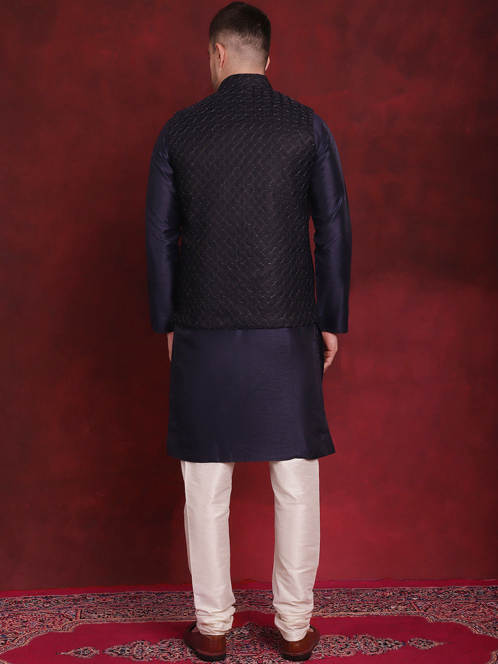 Jompers Men's Navy Blue Woven Design Nehru Jacket With Kurta Pyjama Set