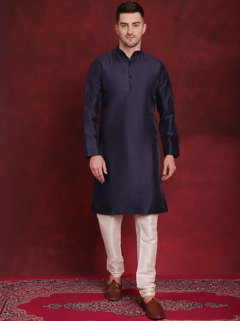 Jompers Men's Navy Blue Woven Design Nehru Jacket With Kurta Pyjama Set