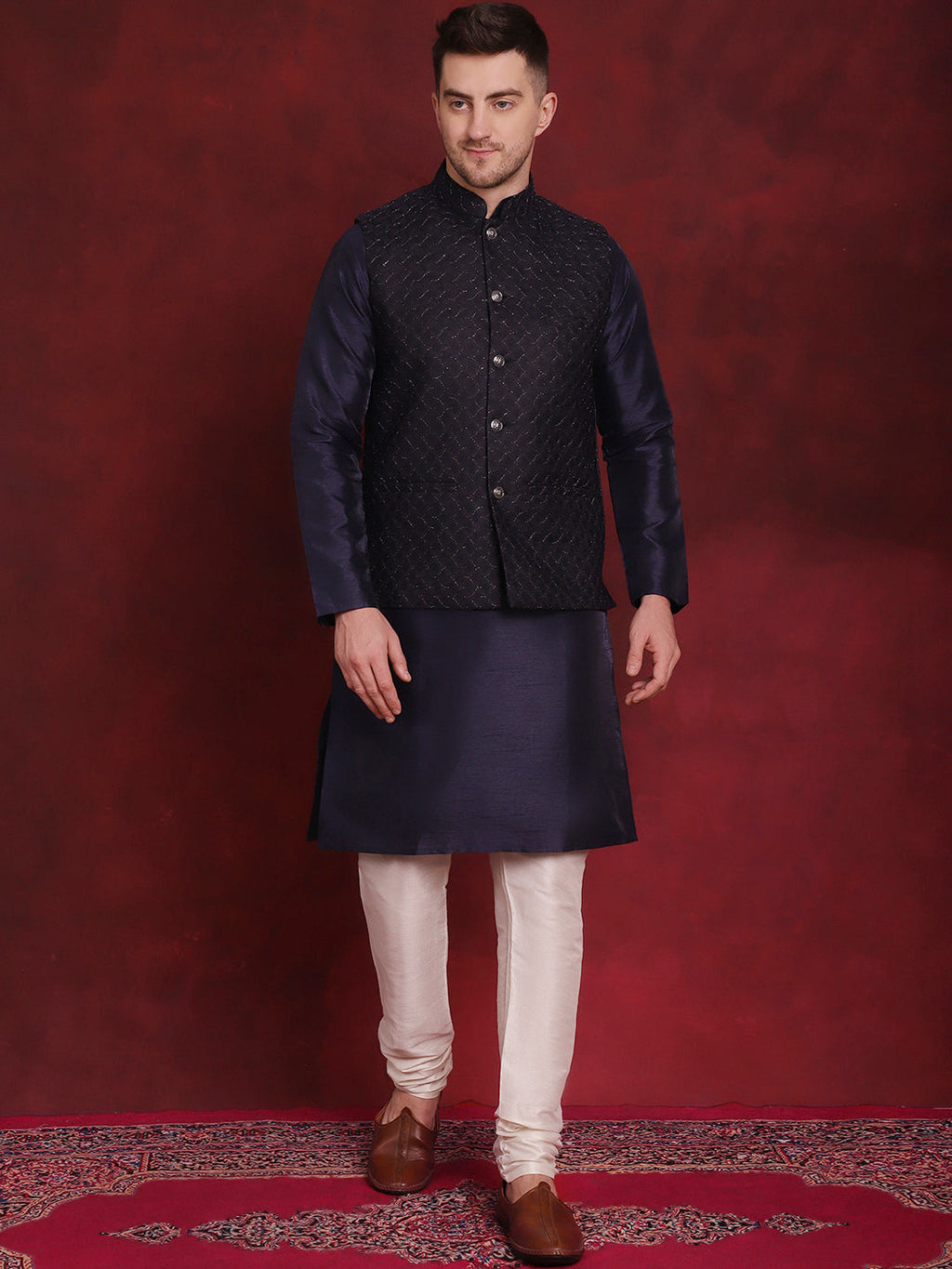 Jompers Men's Navy Blue Woven Design Nehru Jacket With Kurta Pyjama Set