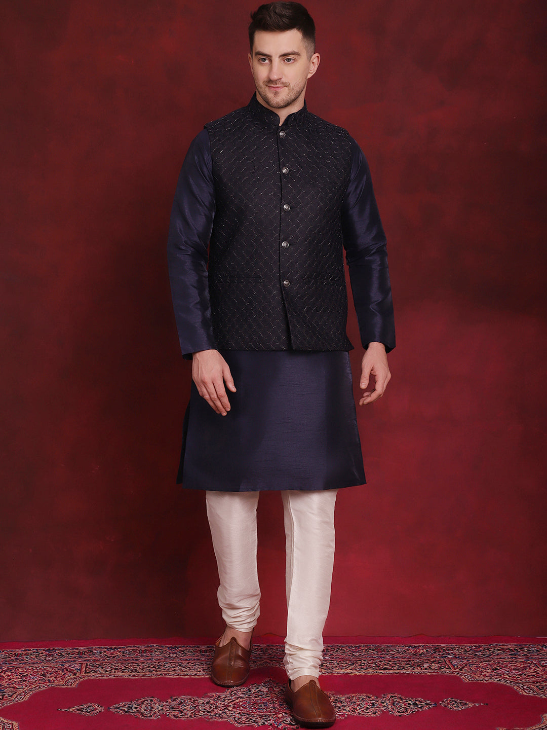 Jompers Men's Navy Blue Woven Design Nehru Jacket With Kurta Pyjama Set