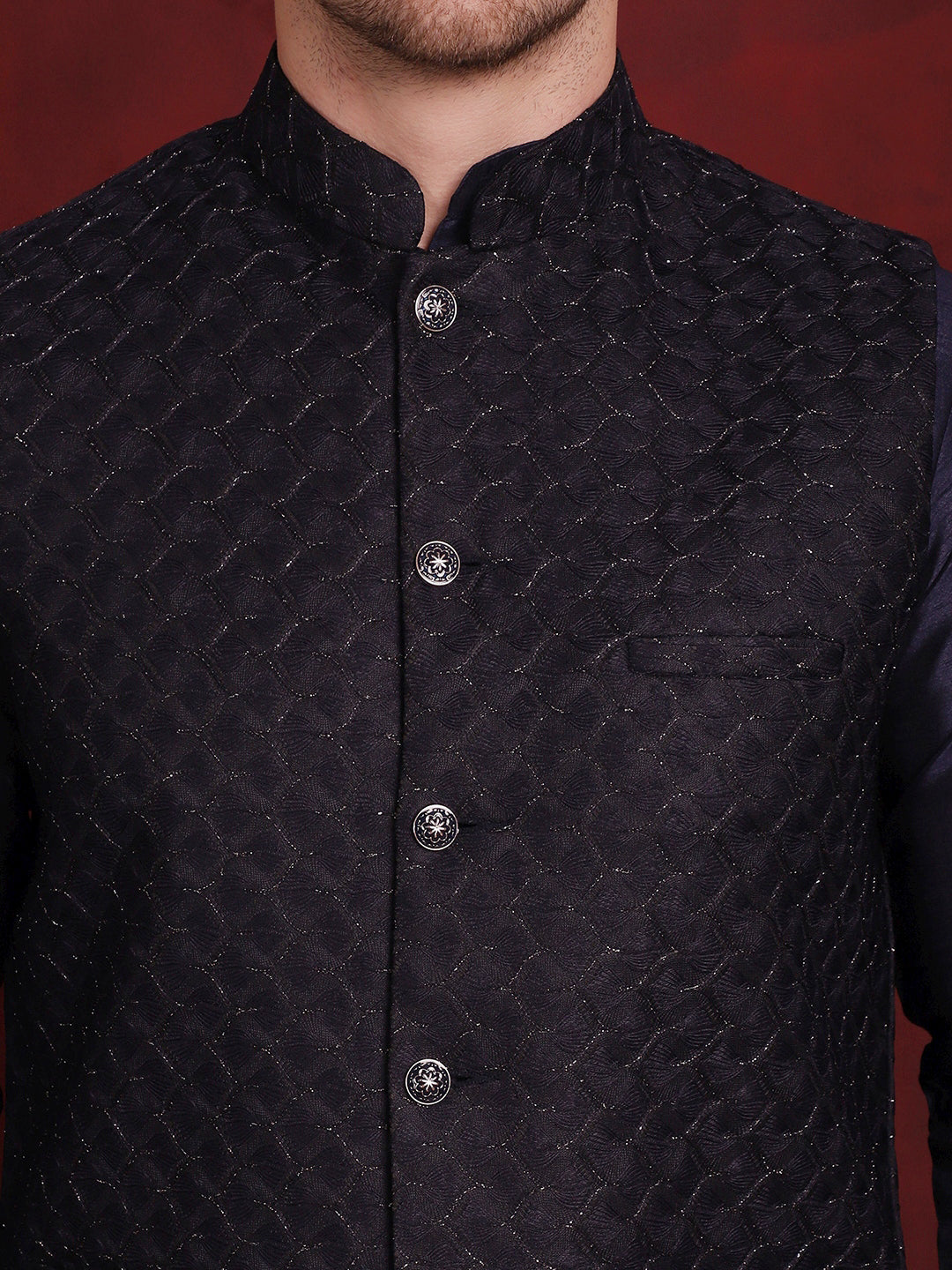 Jompers Men's Navy Blue Woven Design Nehru Jacket With Kurta Pyjama Set