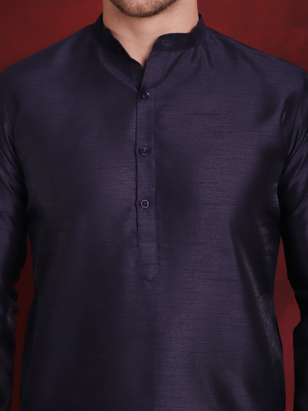Jompers Men's Navy Blue Woven Design Nehru Jacket With Kurta Pyjama Set
