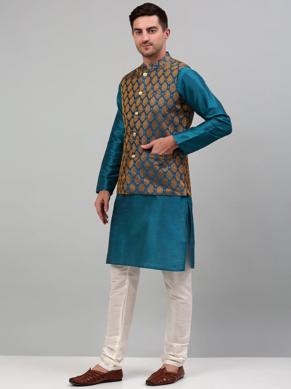 Jompers Men's Woven Design Nehru Jacket and Kurta Pyjama Set - Blue