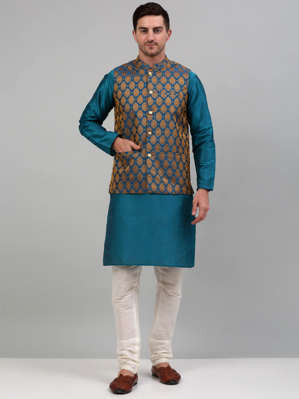 Jompers Men's Woven Design Nehru Jacket and Kurta Pyjama Set - Blue