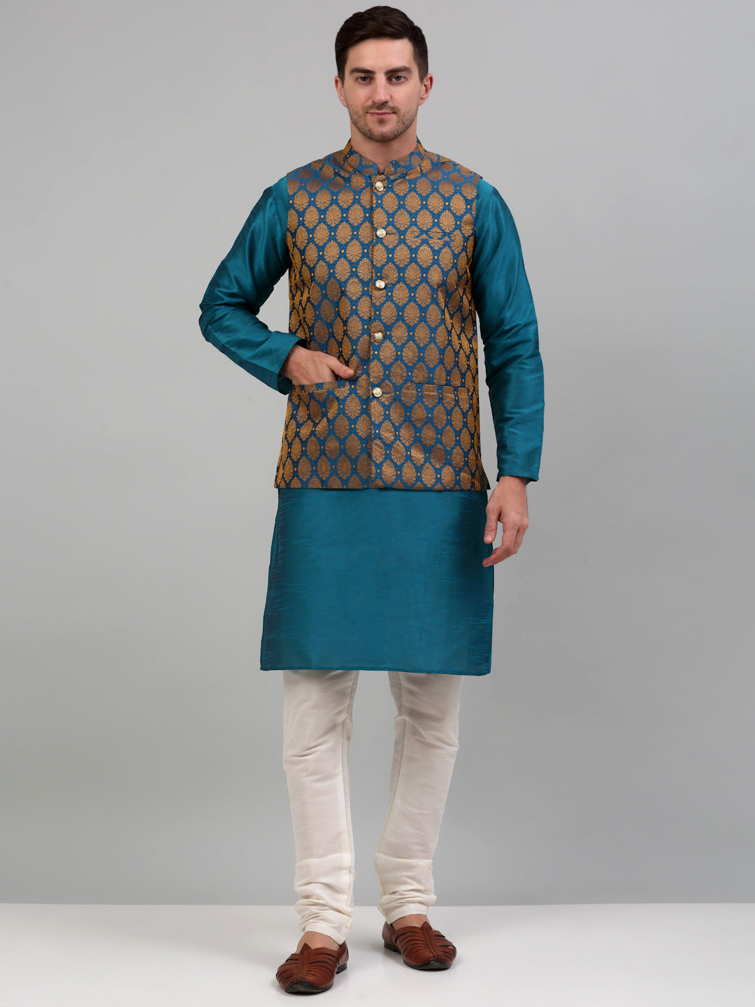 Jompers Men's Woven Design Nehru Jacket and Kurta Pyjama Set - Blue