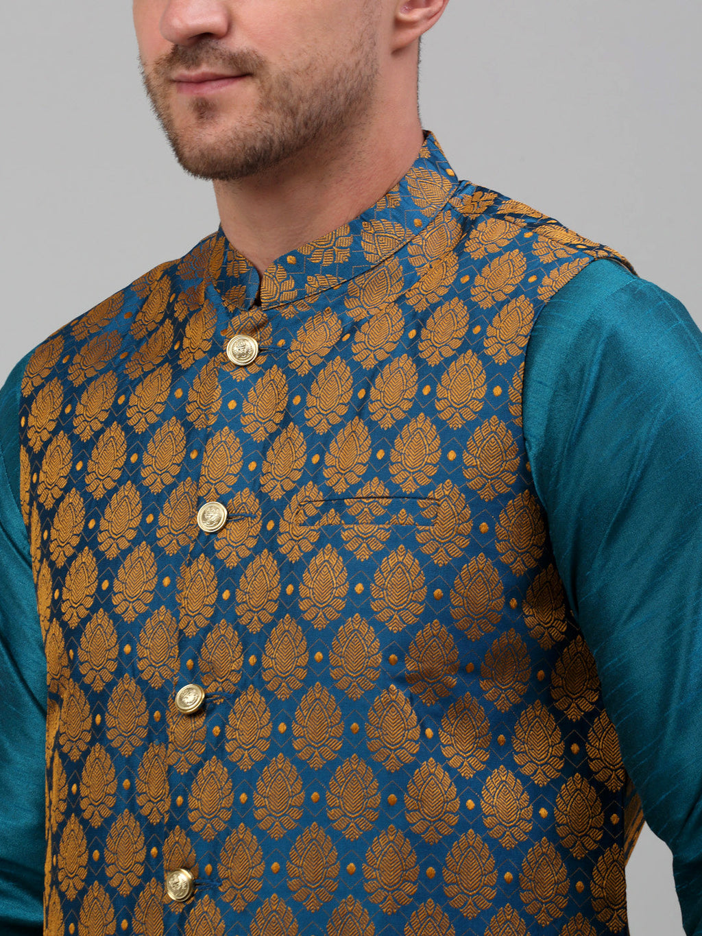 Jompers Men's Woven Design Nehru Jacket and Kurta Pyjama Set - Blue