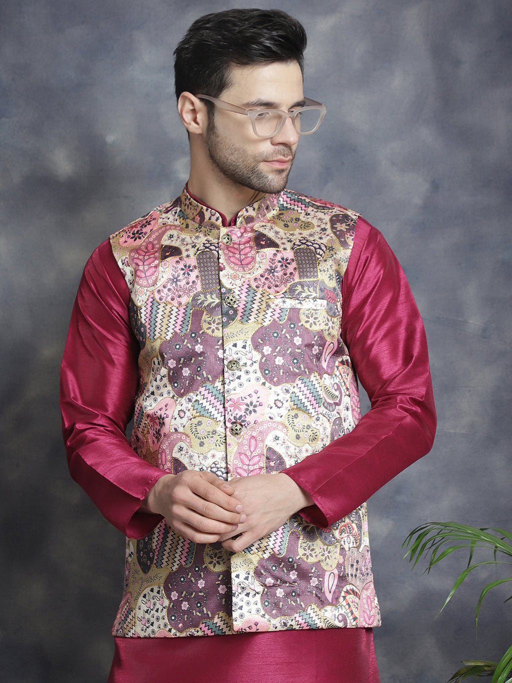 Jompers Men's Digital Print and Zari Work Nehru Jacket With Kurta Pyjama Set - Purple