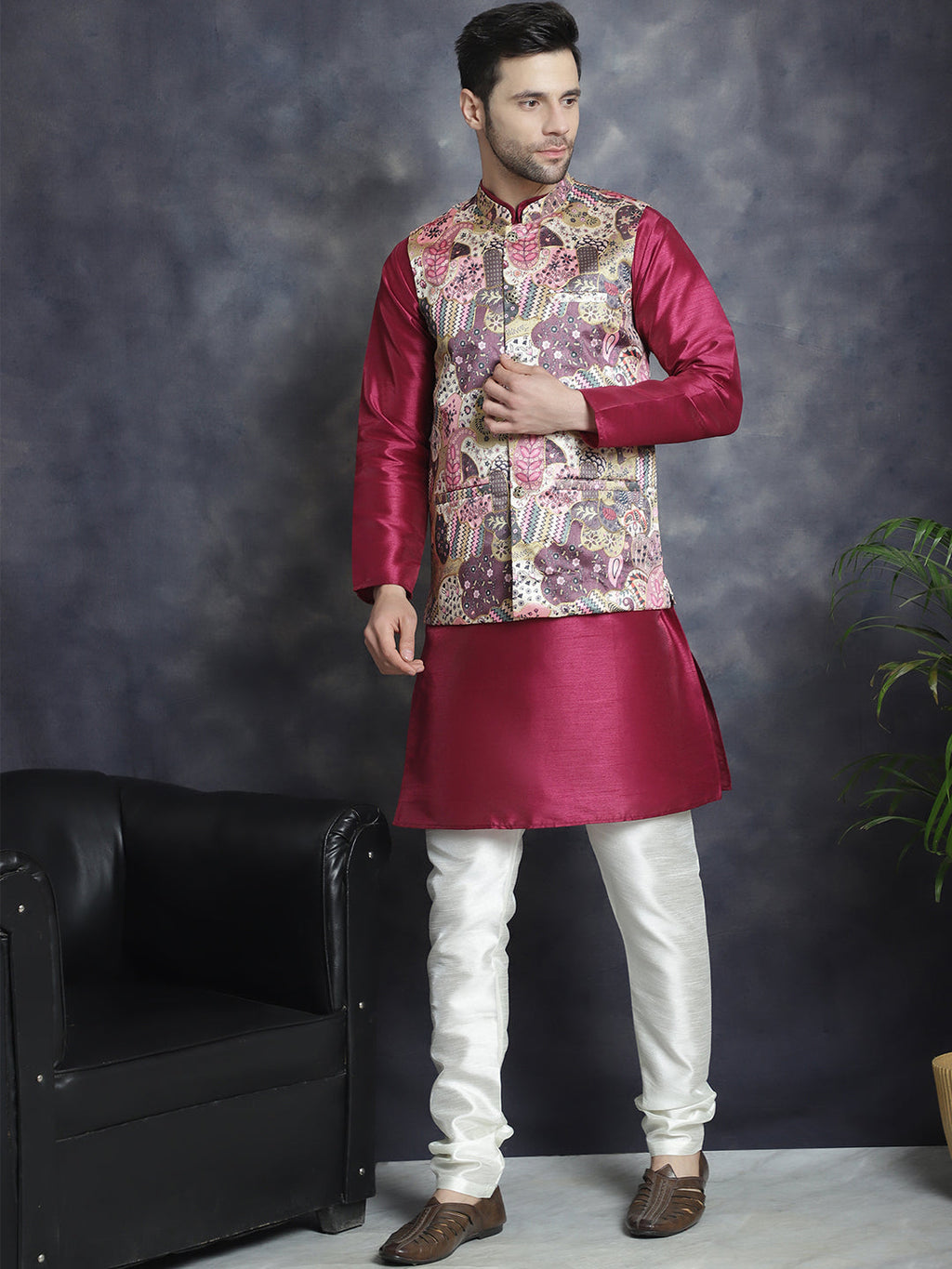 Jompers Men's Digital Print and Zari Work Nehru Jacket With Kurta Pyjama Set - Purple