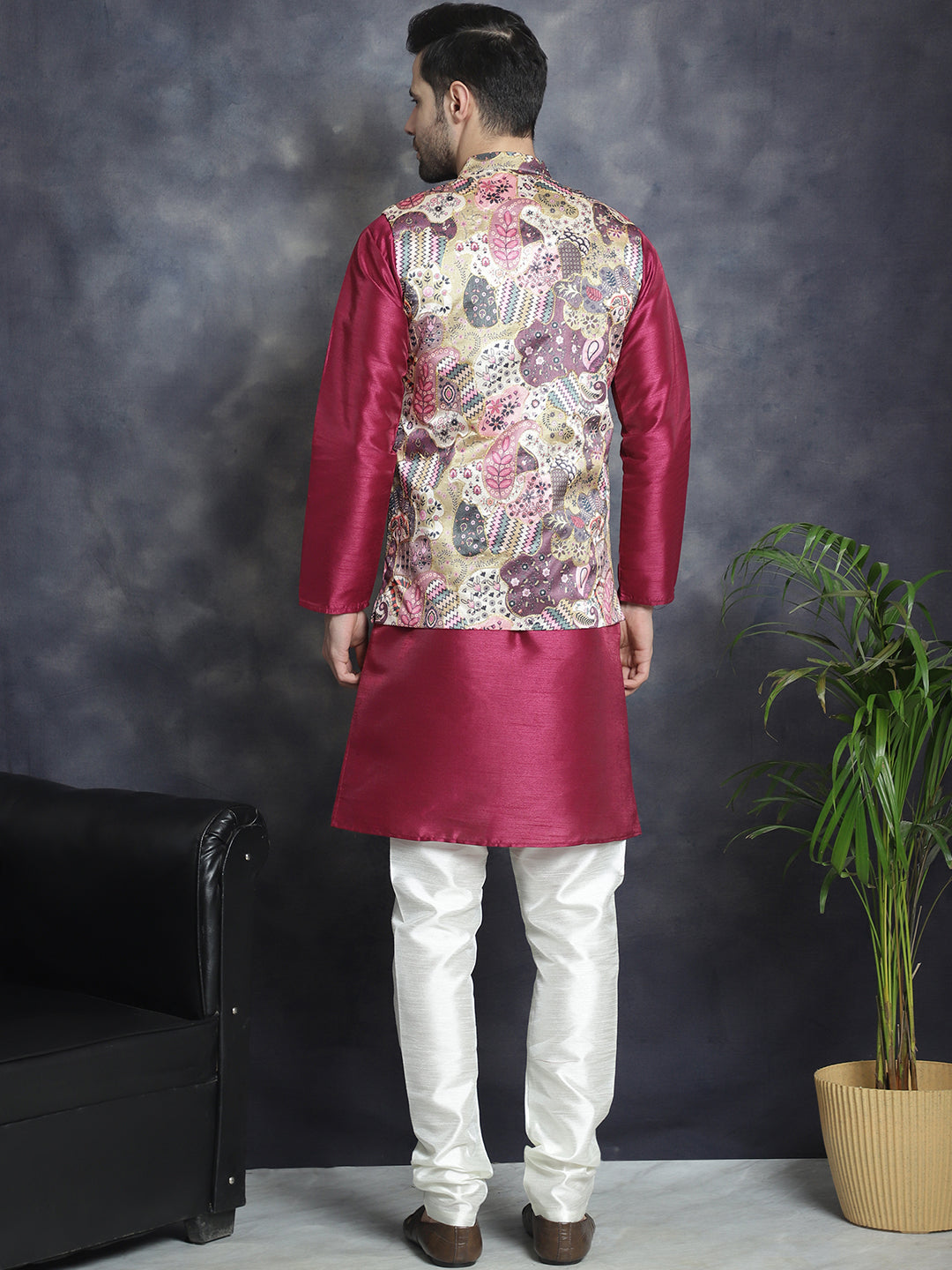 Jompers Men's Digital Print and Zari Work Nehru Jacket With Kurta Pyjama Set - Purple
